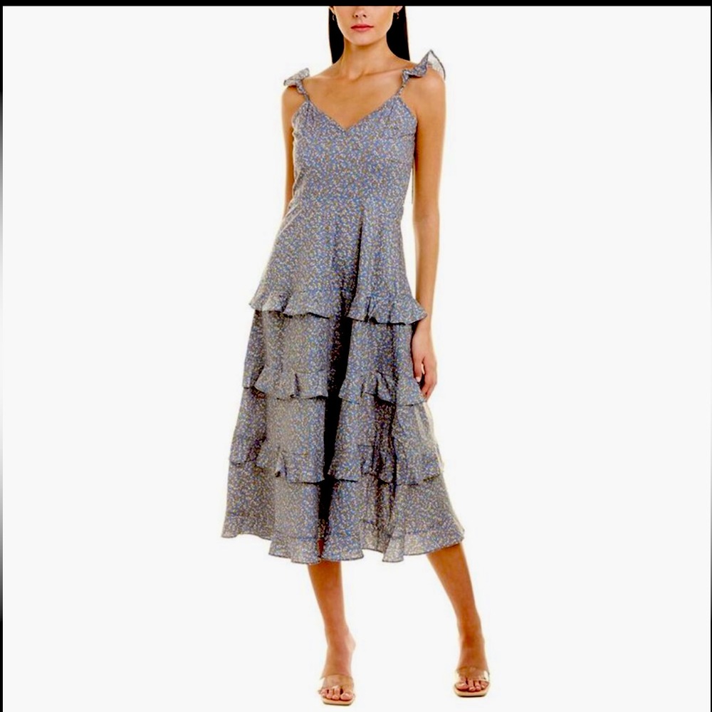 Dress Forum Blue Floral Ruffle Tiered Midi Dress - M